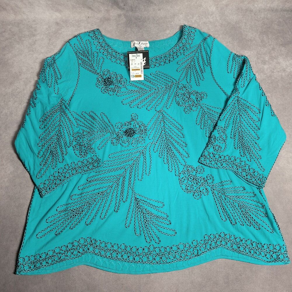 Once Again Plus 2X Teal Blue Blouse Top Embroidery Black Floral Art Womens Heavy